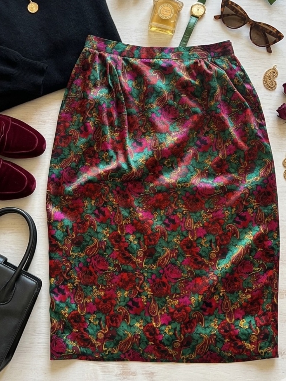 Vintage 100% Silk Floral Paisley Midi Skirt Women’s 10 Dark Academia Whimsygoth